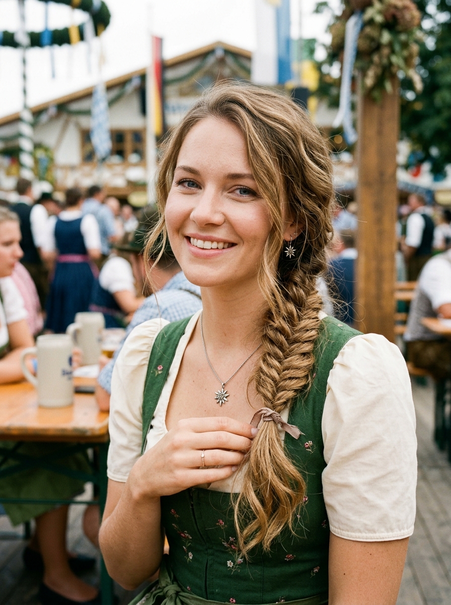 Seitlicher lockerer Zopf als Oktoberfest Frisuren Inspiration 2026